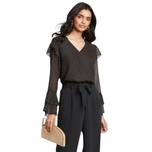 A New Day Black And Gold Blouse Size Small‎ Long Bell Sleeves Vneck Semi Sheer